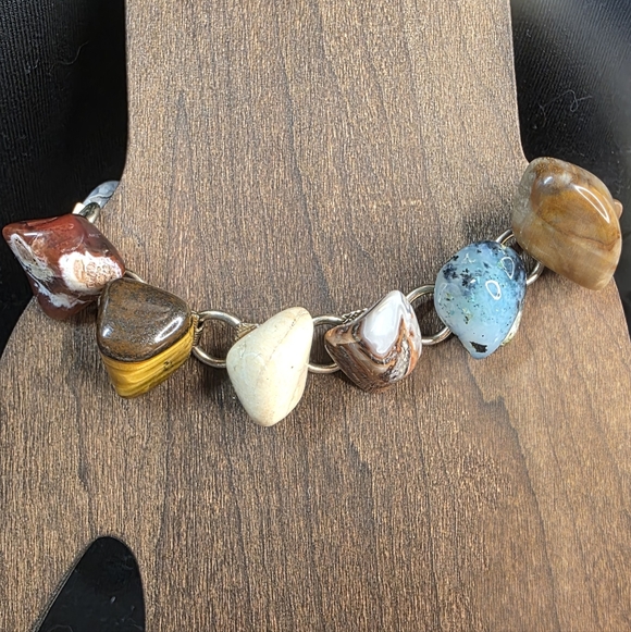 Chunky Natural Stone Nugget Bracelet 6.5” | Jasper Agate Tiger’s Eye - Picture 3 of 8